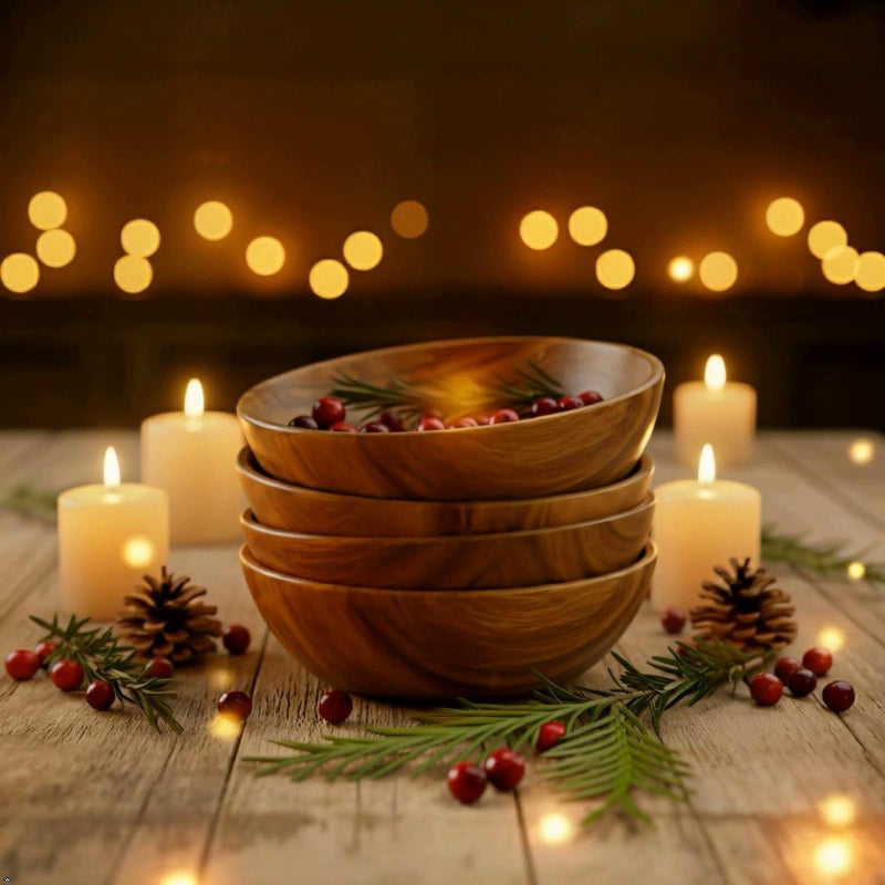 WRIGHTMART Wooden Salad Bowl Set â€“ Set of 4 Acacia Wood 7â€ Wood Salad Bowls for Food, Rustic Handcrafted Kitchenware for Snacks, Fruit & Sides, Gift-Ready for Holidays & Housewarming - Image 4